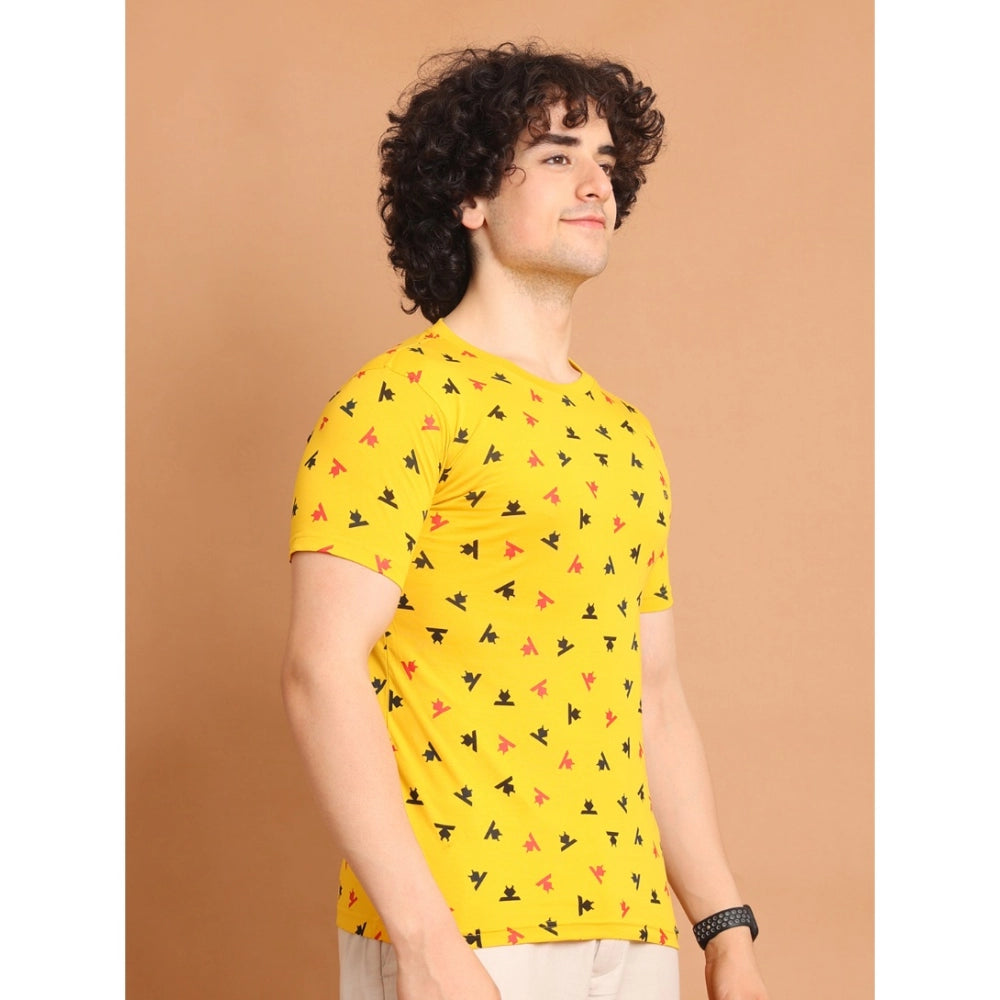PKRKART Men's Casual Cotton Printed Round Neck Half Sleeve T-Shirt (Yellow)