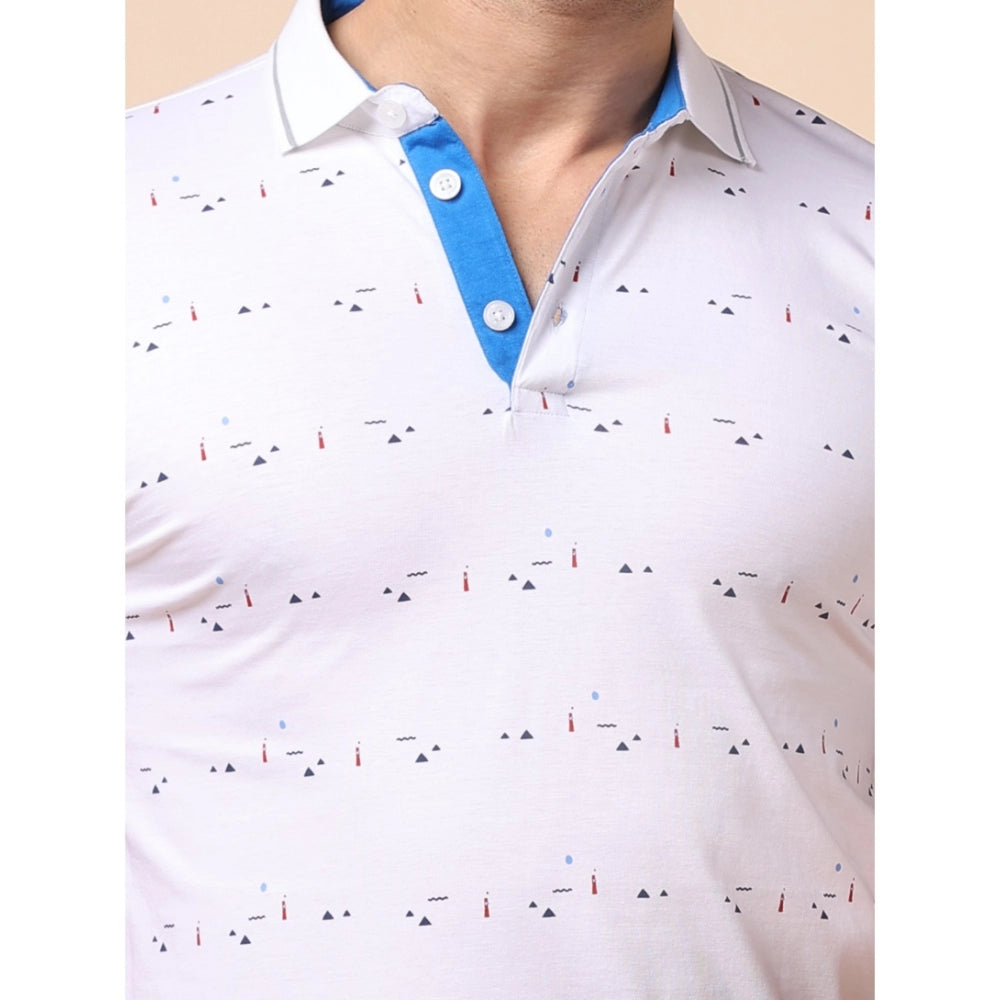 PKRKART Men's Casual Cotton Printed Polo Neck Half Sleeve T-Shirt (White)