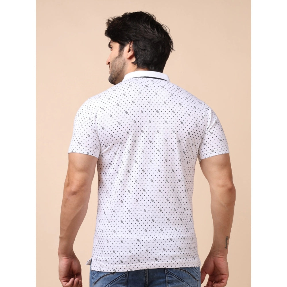 PKRKART Men's Casual Cotton Printed Polo Neck Half Sleeve T-Shirt (White)