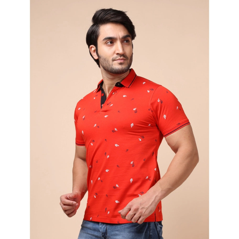 PKRKART Men's Casual Cotton Printed Polo Neck Half Sleeve T-Shirt (Red)