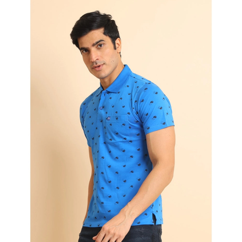 PKRKART Men's Casual Cotton Printed Polo Neck Half Sleeve T-Shirt (Blue)