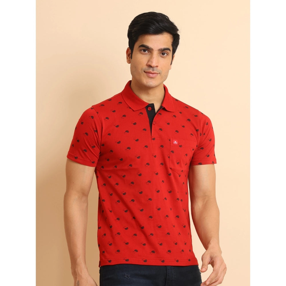 PKRKART Men's Casual Cotton Printed Polo Neck Half Sleeve T-Shirt (Red)