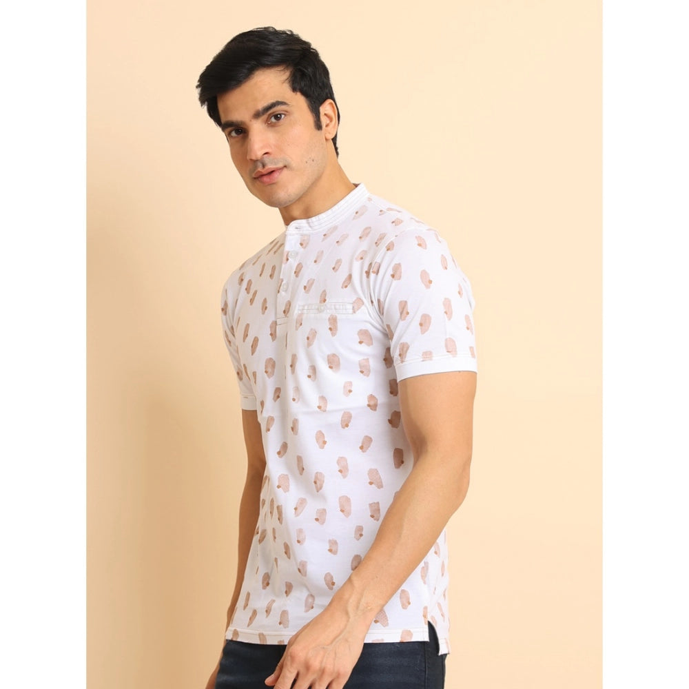 PKRKART Men's Casual Cotton Printed Mandarin Collar Half Sleeve T-Shirt (White)