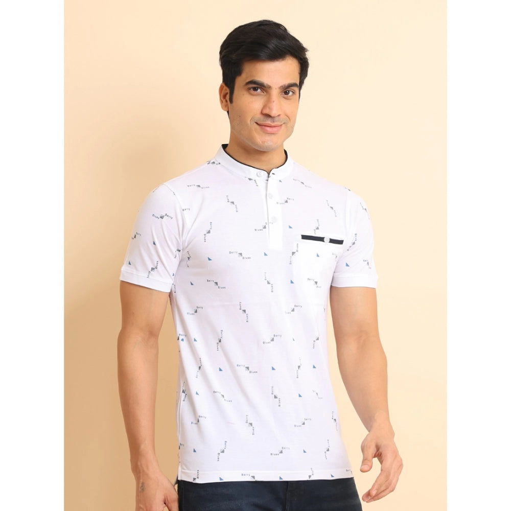 PKRKART Men's Casual Cotton Printed Mandarin Collar Half Sleeve T-Shirt (White)