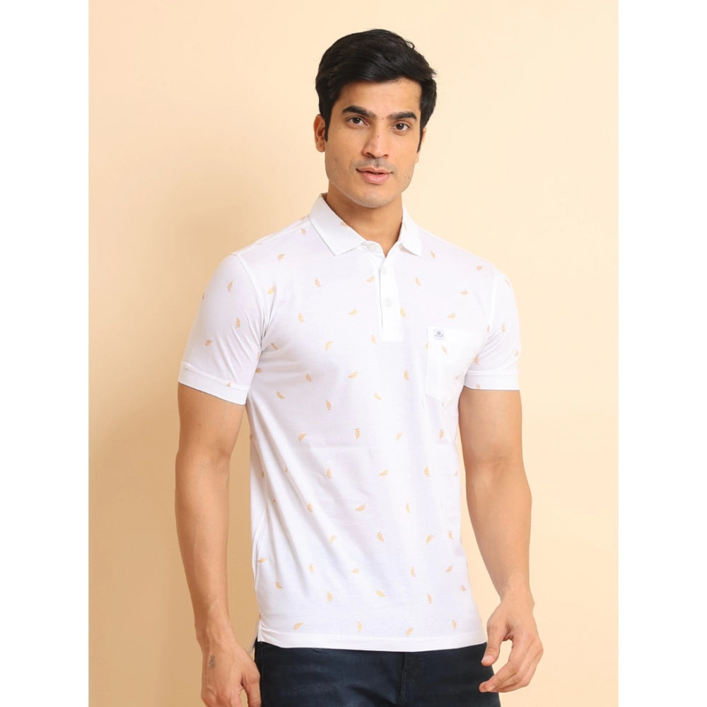 PKRKART Men's Casual Cotton Printed Polo Neck Half Sleeve T-Shirt (White)
