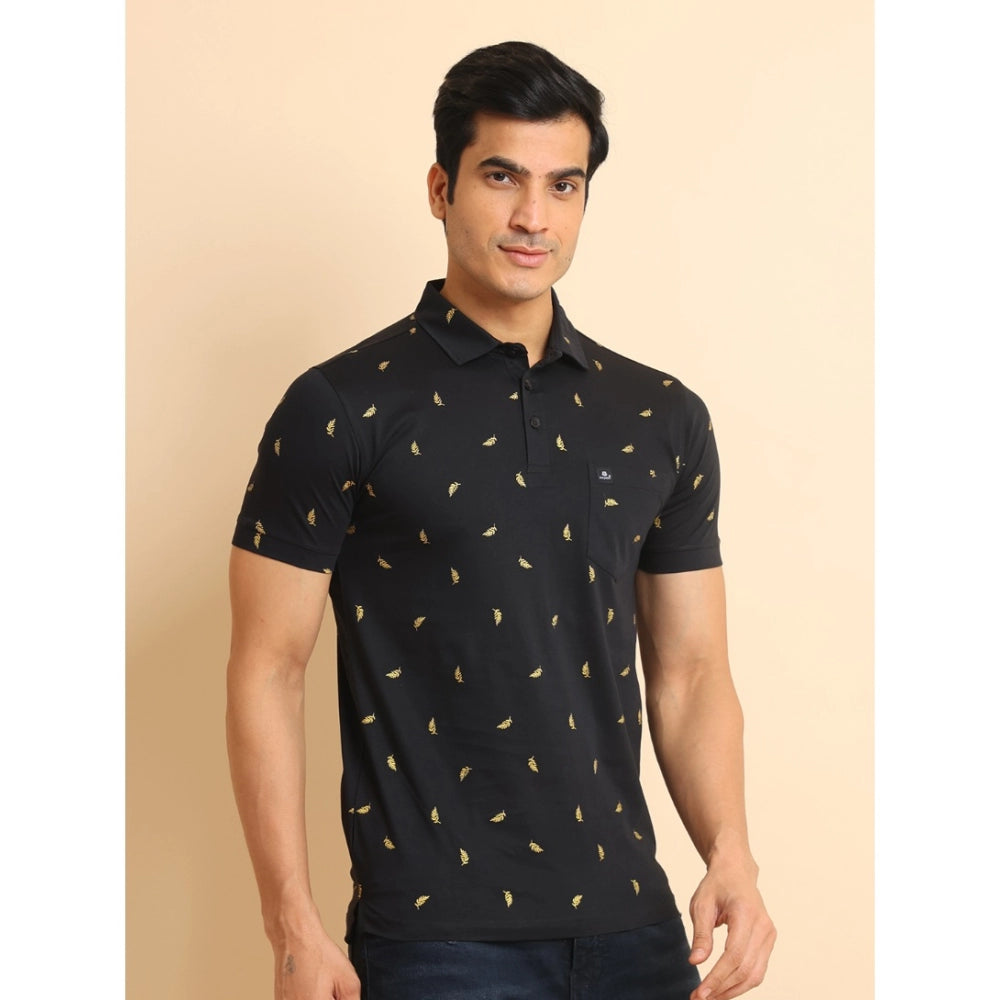 PKRKART Men's Casual Cotton Printed Polo Neck Half Sleeve T-Shirt (Black)