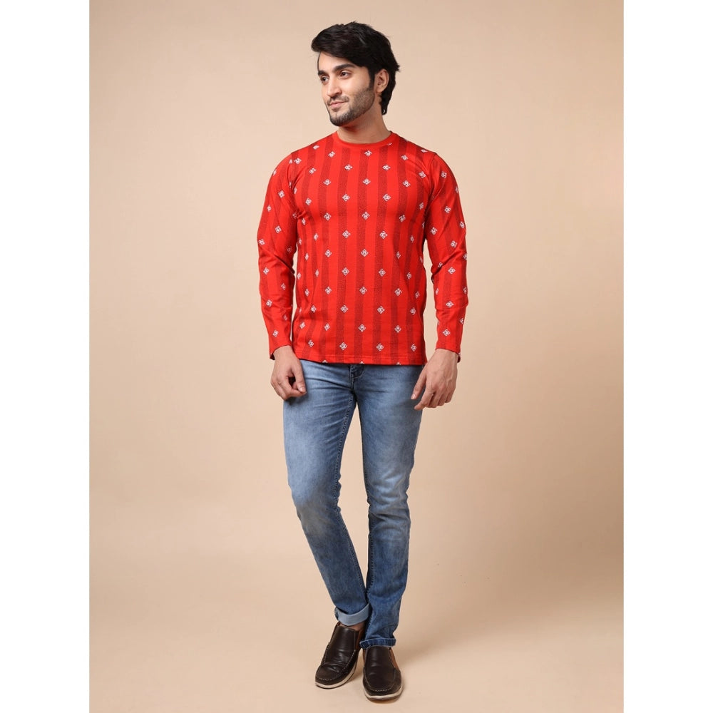 PKRKART Men's Casual Cotton Printed Round Neck Full Sleeve T-Shirt (Red)