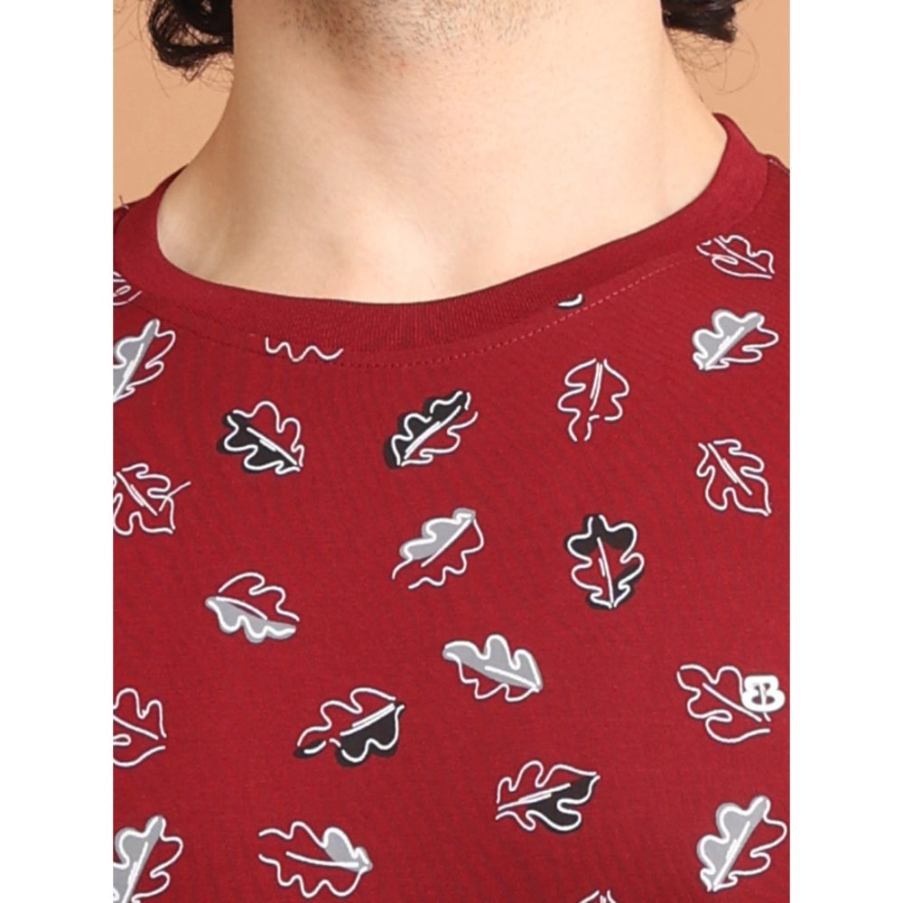 PKRKART Men's Casual Cotton Printed Round Neck Half Sleeve T-Shirt (Maroon)