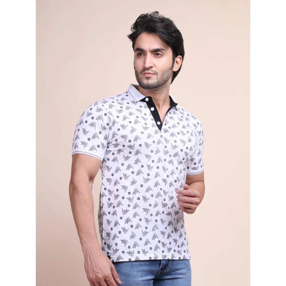 PKRKART Men's Casual Cotton Printed Polo Neck Half Sleeve T-Shirt (White)