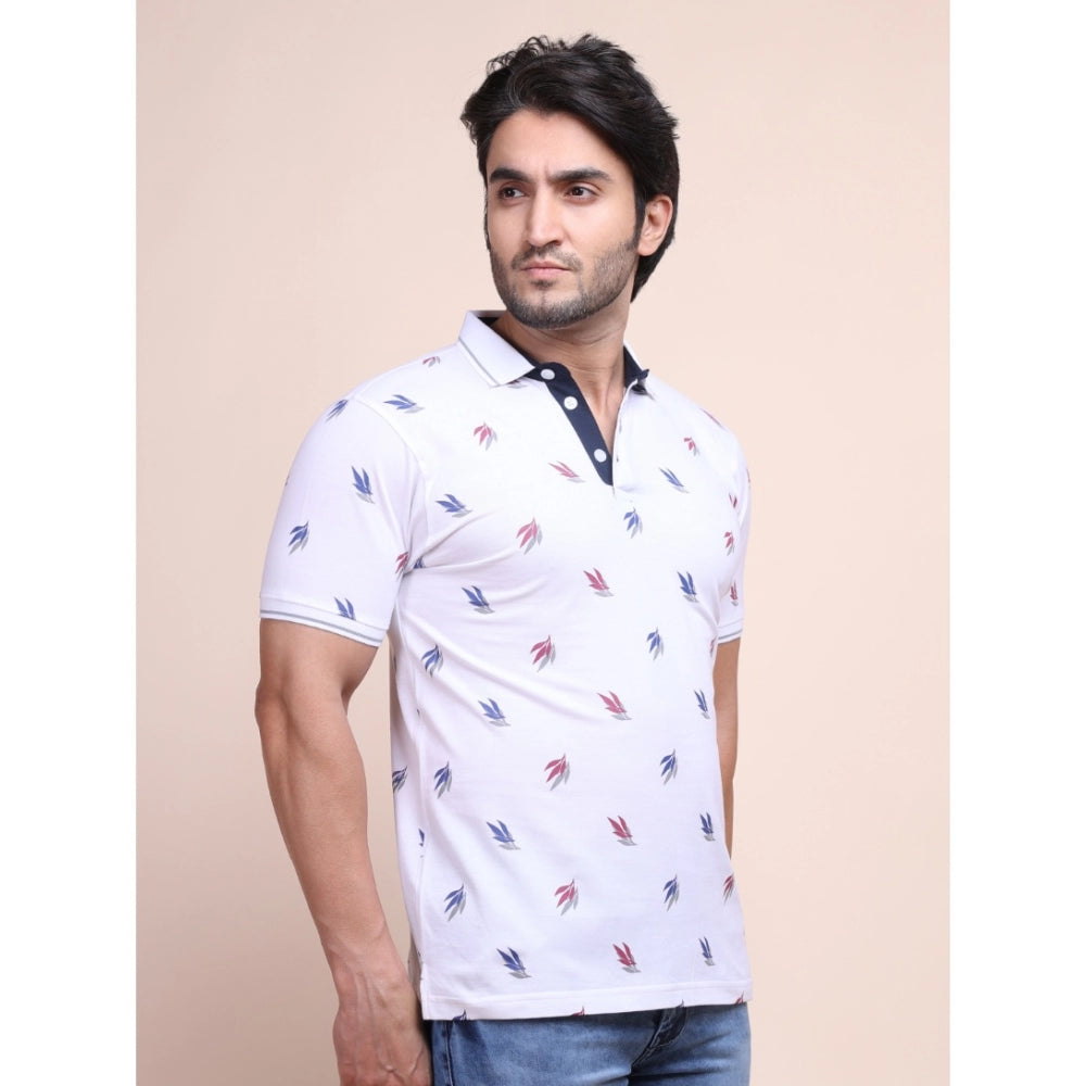PKRKART Men's Casual Cotton Printed Polo Neck Half Sleeve T-Shirt (White)