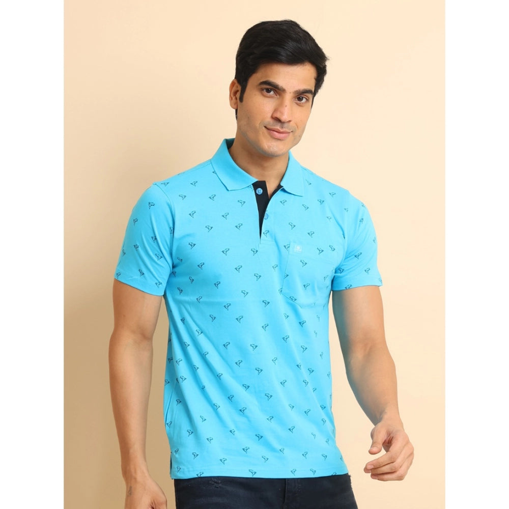 PKRKART Men's Casual Cotton Printed Polo Neck Half Sleeve T-Shirt (Skyblue)