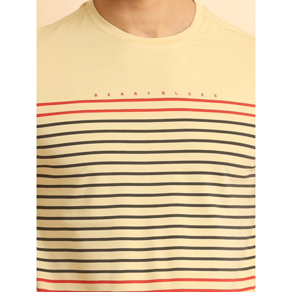 PKRKART Men's Casual Cotton Printed Round Neck Half Sleeve T-Shirt (Beige)