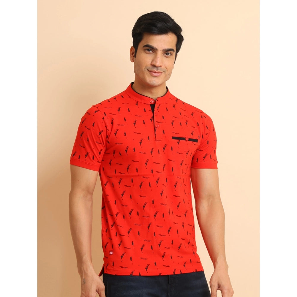 PKRKART Men's Casual Cotton Printed Mandarin Collar Half Sleeve T-Shirt (Red)