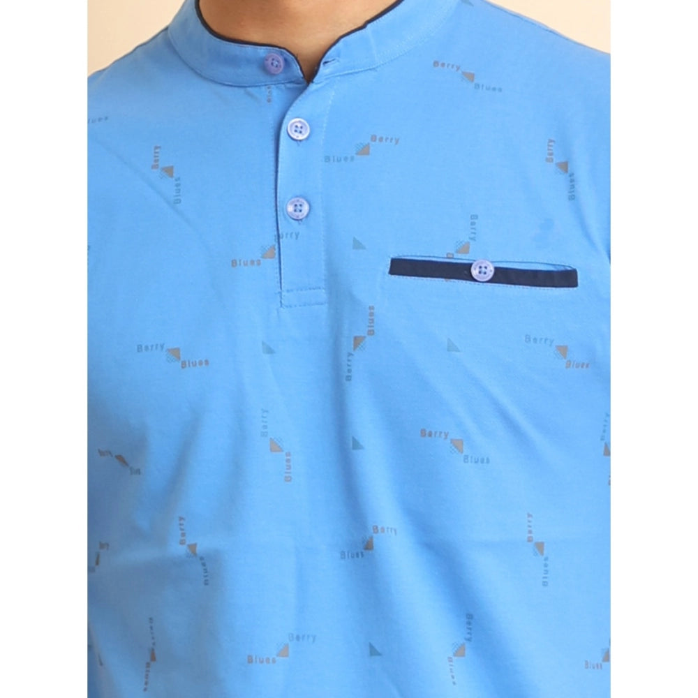 PKRKART Men's Casual Cotton Printed Mandarin Collar Half Sleeve T-Shirt (LightBlue)