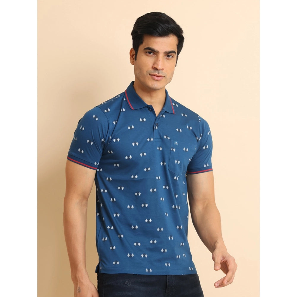 PKRKART Men's Casual Cotton Printed Polo Neck Half Sleeve T-Shirt (Blue)