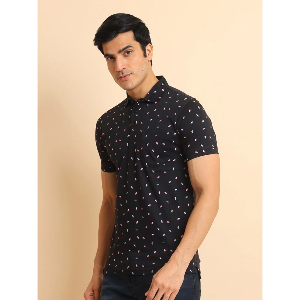 PKRKART Men's Casual Cotton Printed Polo Neck Half Sleeve T-Shirt (Black)