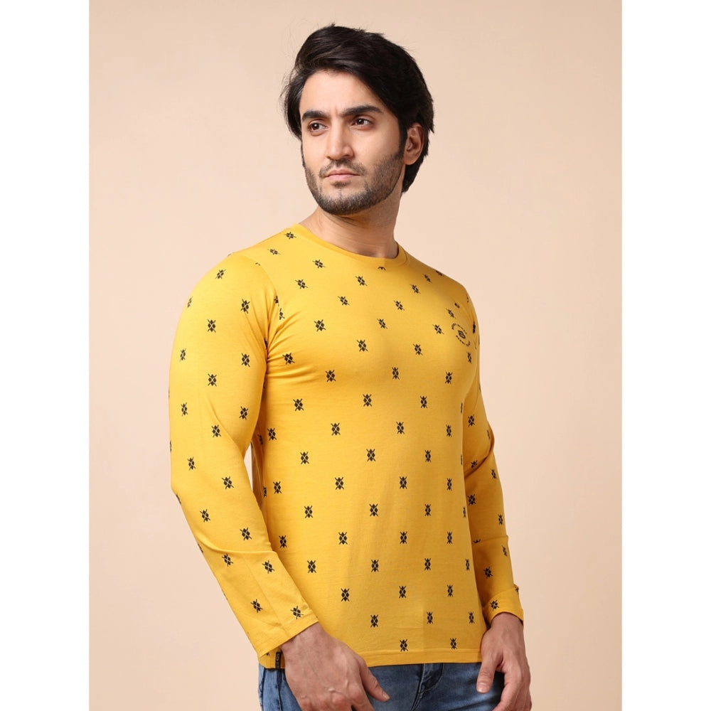 PKRKART Men's Casual Cotton Printed Round Neck Full Sleeve T-Shirt (Mustard)