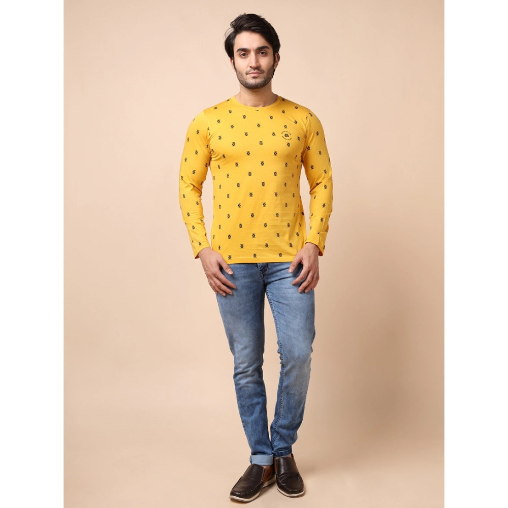 PKRKART Men's Casual Cotton Printed Round Neck Full Sleeve T-Shirt (Mustard)