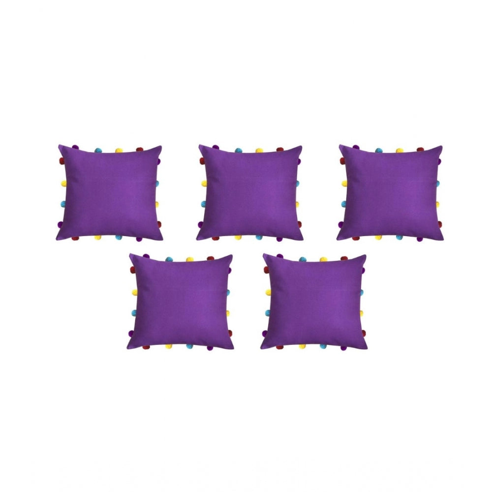 PKR Kart Cotton Solid Pom Pom Cushion Covers (Dark Purple, Size: 14x14 In)