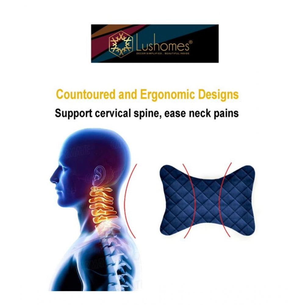 PKR Kart Pack Of_2 Velvet Checked Bone Neck Pillow (Navy Blue, Size: 6x10 In)