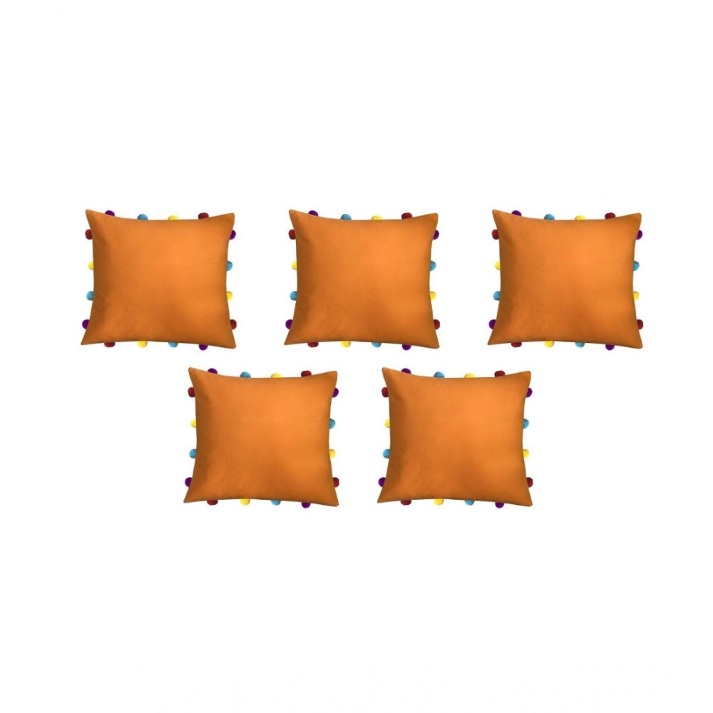 PKR Kart Cotton Solid Pom Pom Cushion Covers (Orange, Size: 14x14 In)
