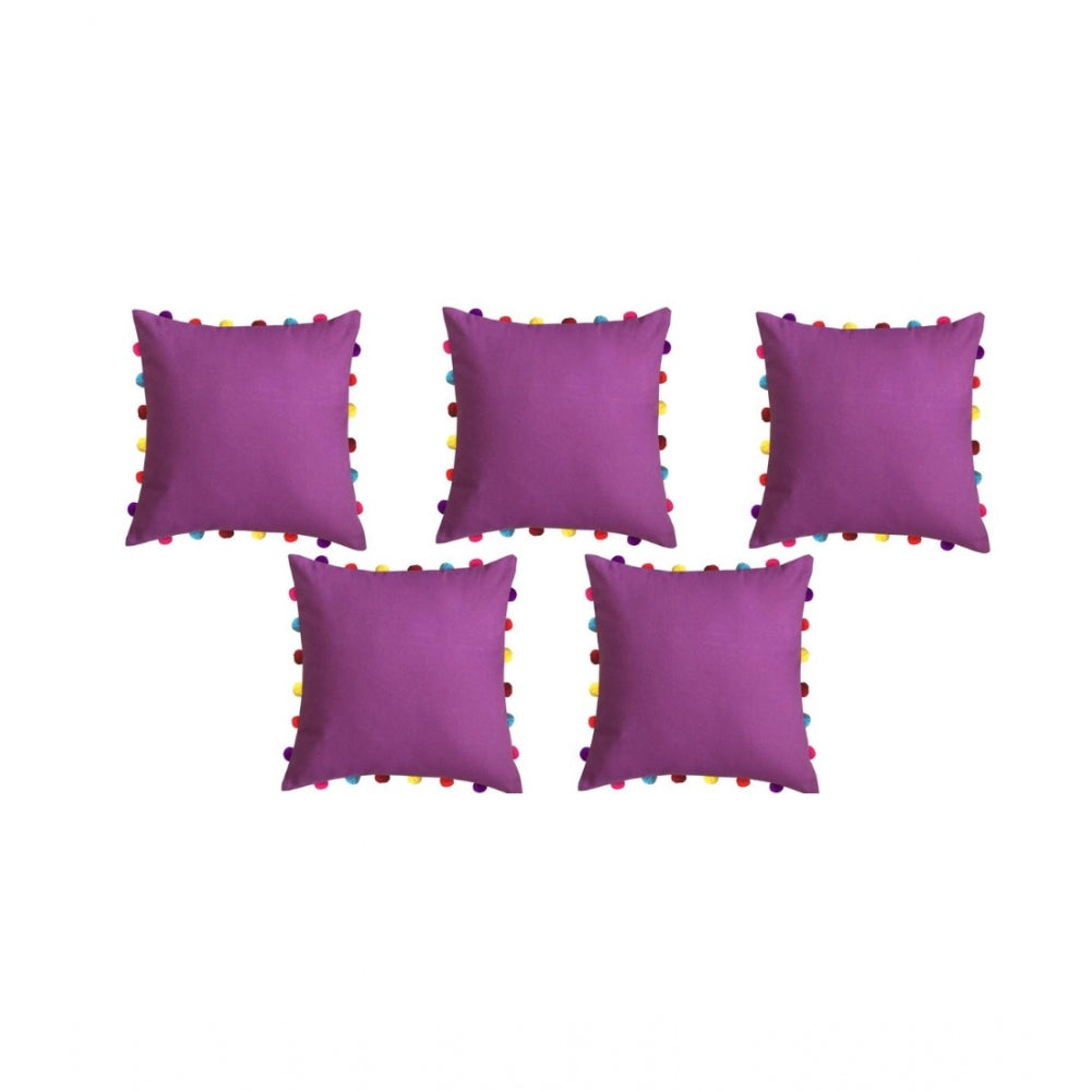 PKR Kart Cotton Solid Pom Pom Cushion Covers (Purple, Size: 18x18 In)