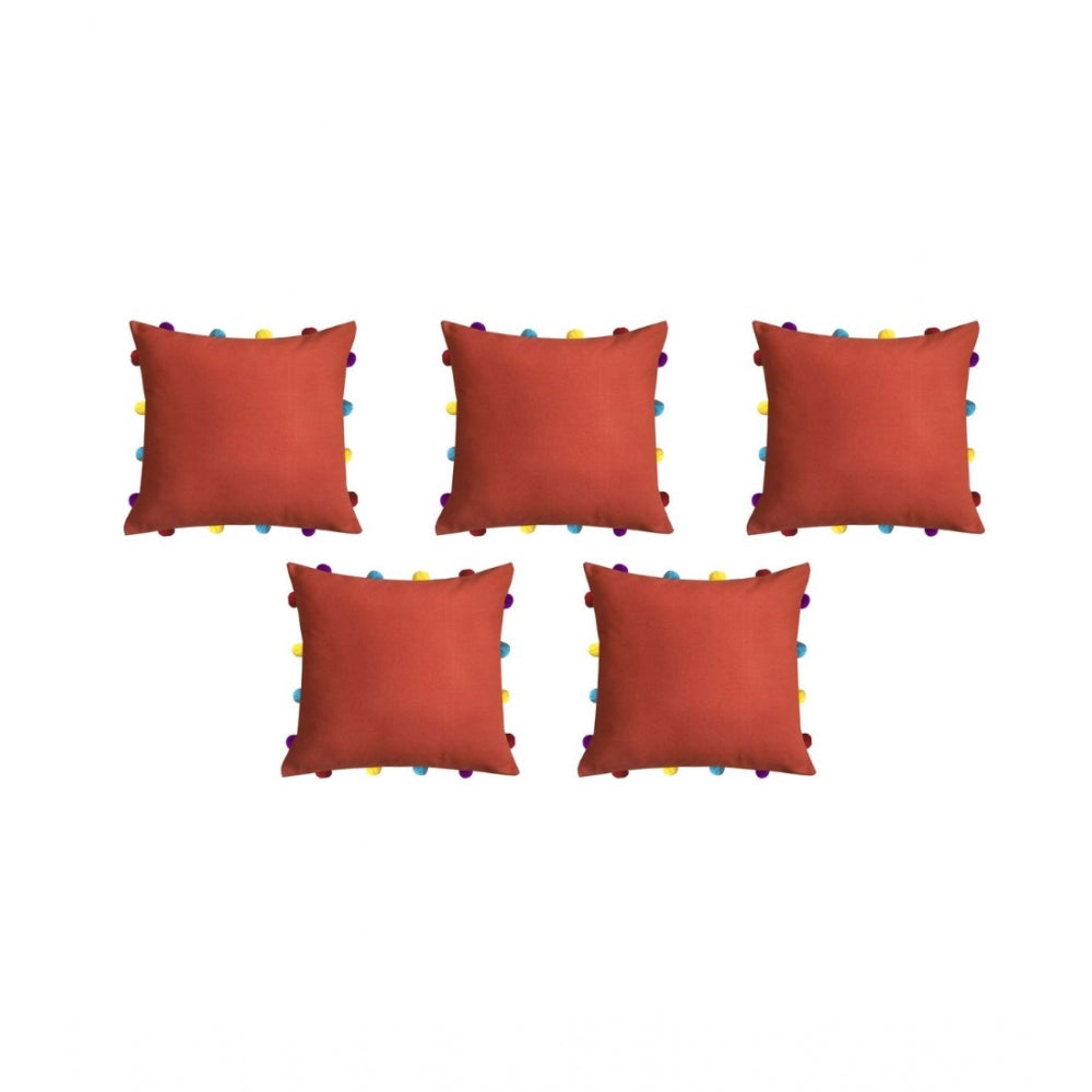 PKR Kart Cotton Solid Pom Pom Cushion Covers (Orange, Size: 14x14 In)