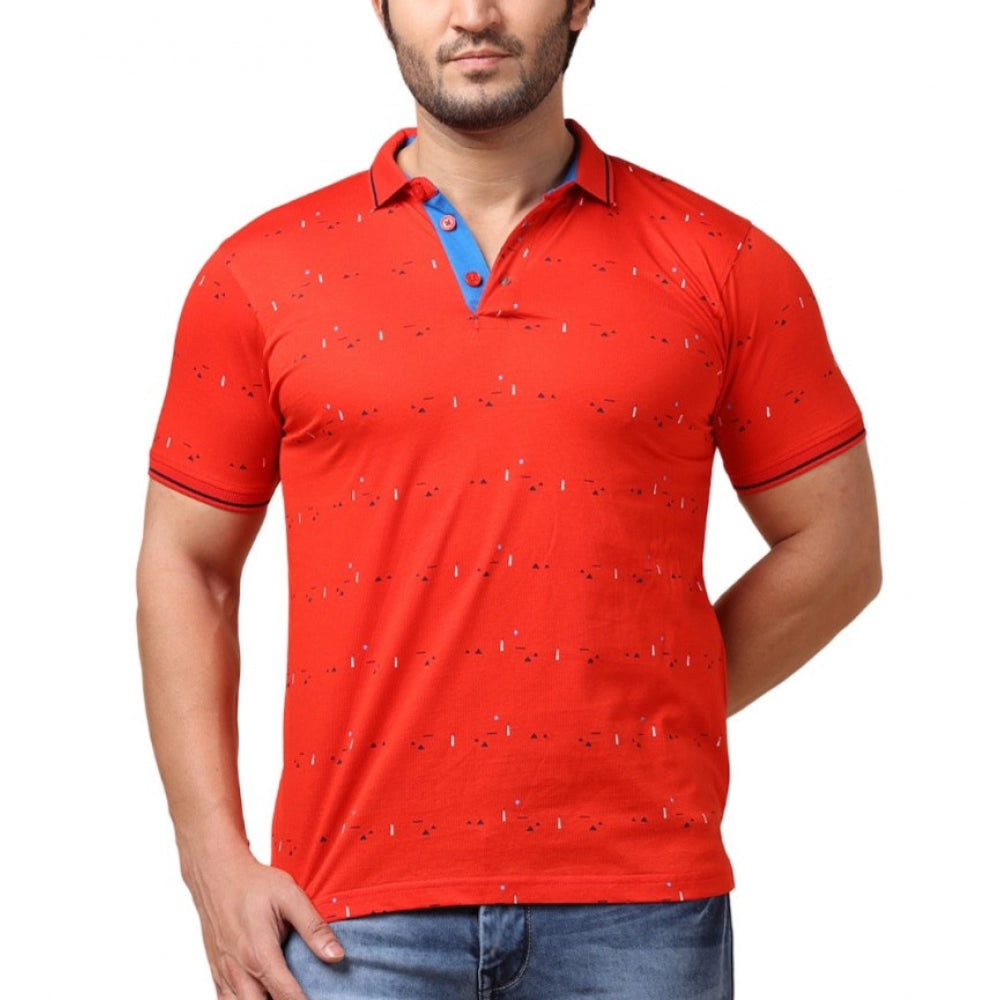 PKRKART Men's Casual Cotton Printed Polo Neck Half Sleeve T-Shirt (Red)