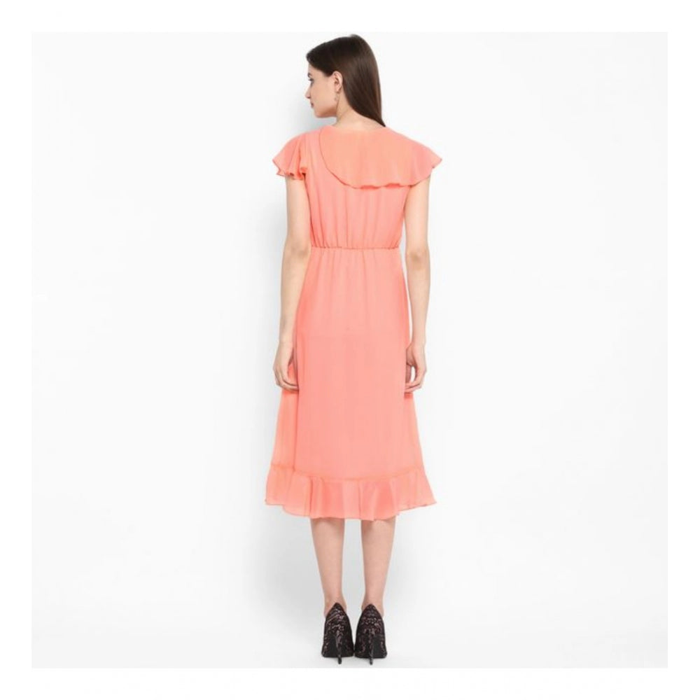 PKRKART Women's Polyester Ruffled Cap Sleeve Below Knee Dress (Neon Pink)