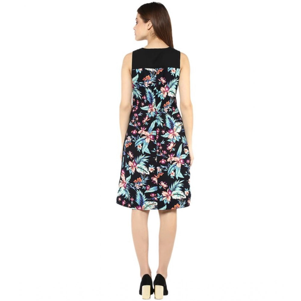 PKRKART Women's Polyester Printed Sleeveless Above Knee Dress (Black - Multicolor)