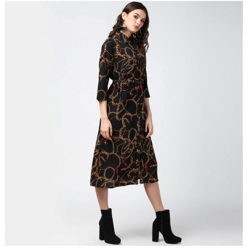 PKRKART Women's Polyester Chain Print Roll Up Sleeve Below Knee Dress (Black - Yellow)