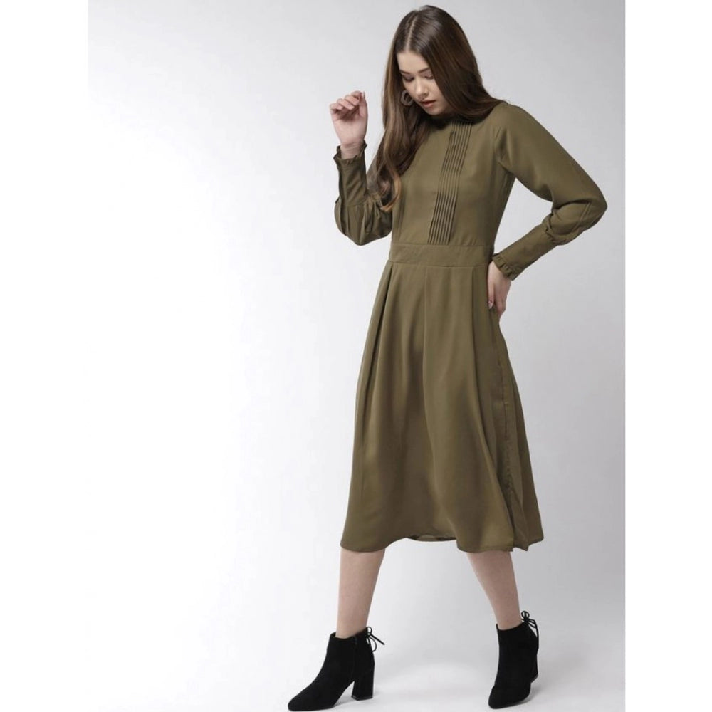 PKRKART Women's Polyester Pintuck Long Sleeves Below Knee Dress (Olive)
