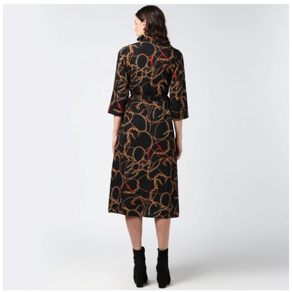 PKRKART Women's Polyester Chain Print Roll Up Sleeve Below Knee Dress (Black - Yellow)