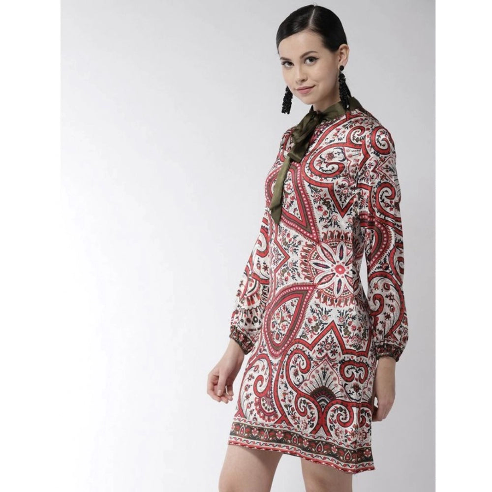 PKRKART Women's Polyester Printed Long Sleeves Above Knee Dress (Red)