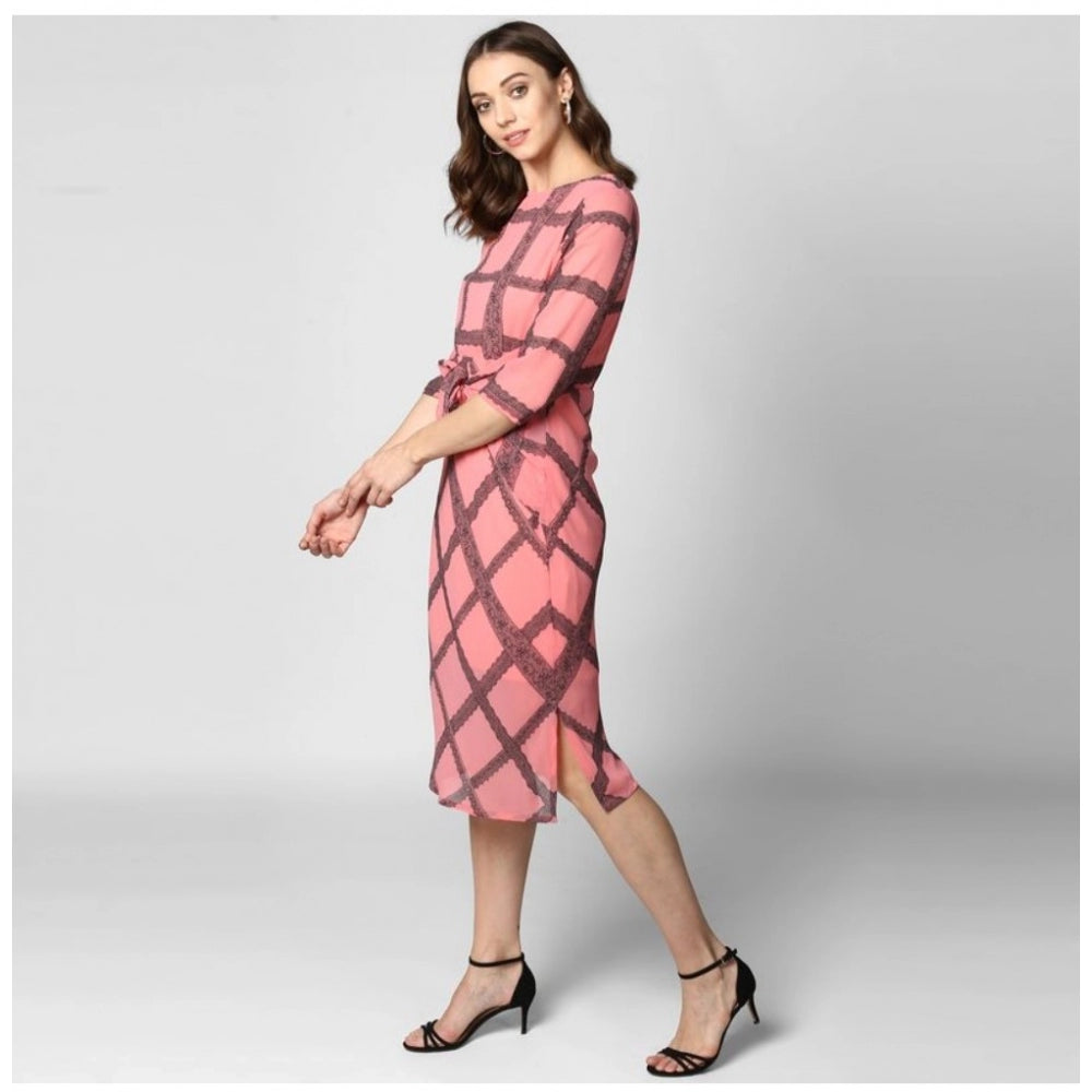 PKRKART Women's Polyester Checkered 3-4th Sleeves Below Knee Dress (Pink - Black)