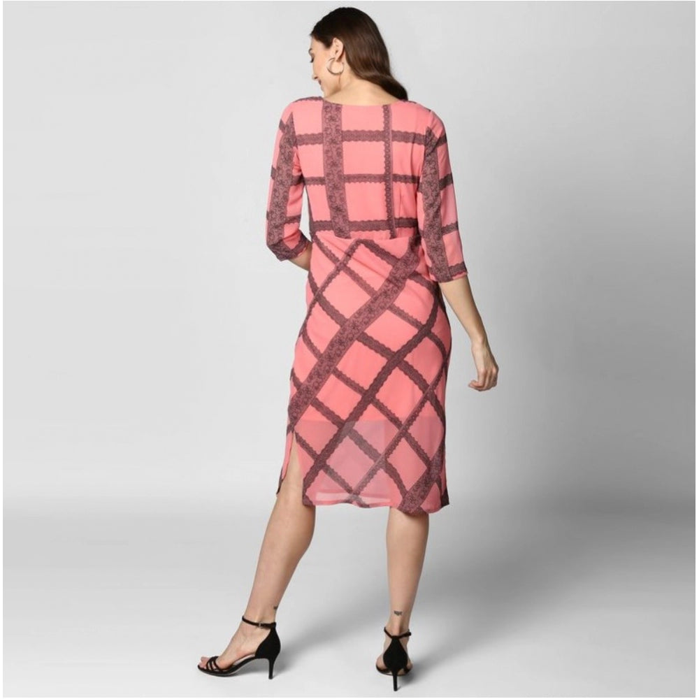 PKRKART Women's Polyester Checkered 3-4th Sleeves Below Knee Dress (Pink - Black)