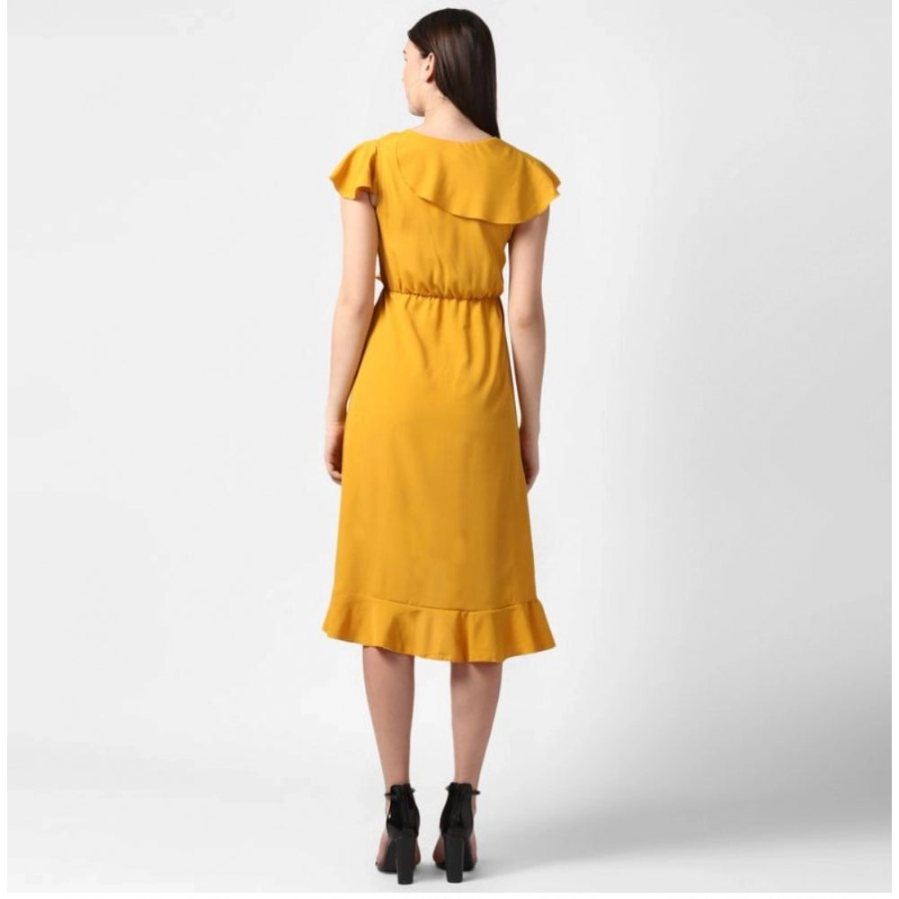 PKRKART Women's Polyester Ruffled Cap Sleeve Knee-Length Dress (Yellow)