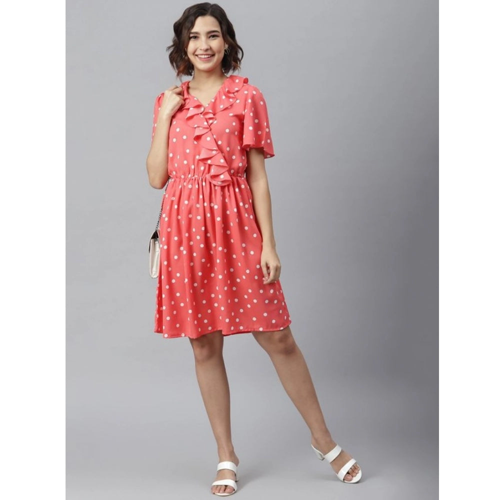 PKRKART Women's Polyester Polka Flutter Above Knee Dress (Coral)