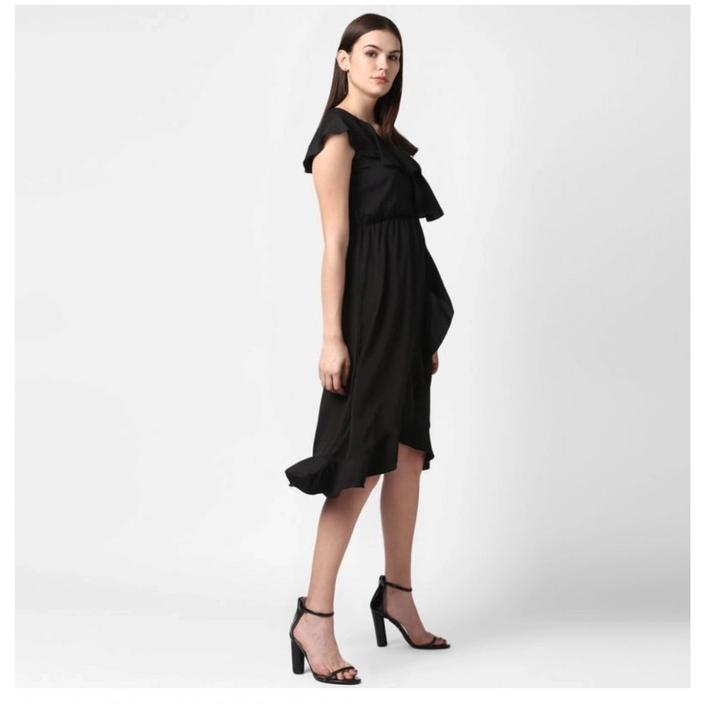 PKRKART Women's Polyester Ruffled Cap Sleeve Knee-Length Dress (Black)