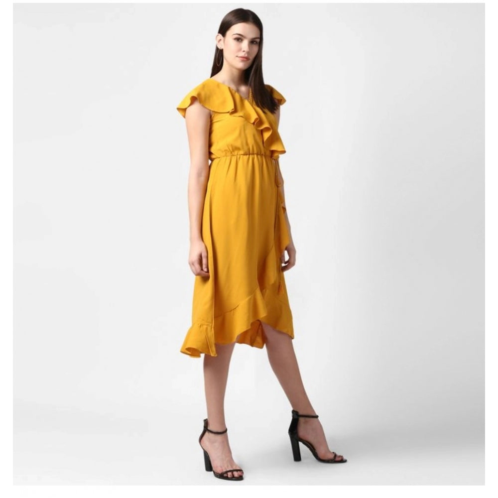 PKRKART Women's Polyester Ruffled Cap Sleeve Knee-Length Dress (Yellow)