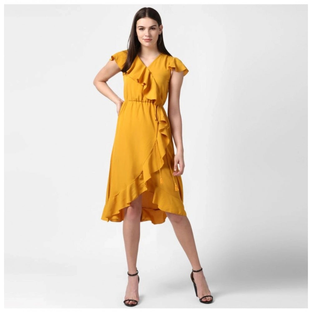 PKRKART Women's Polyester Ruffled Cap Sleeve Knee-Length Dress (Yellow)