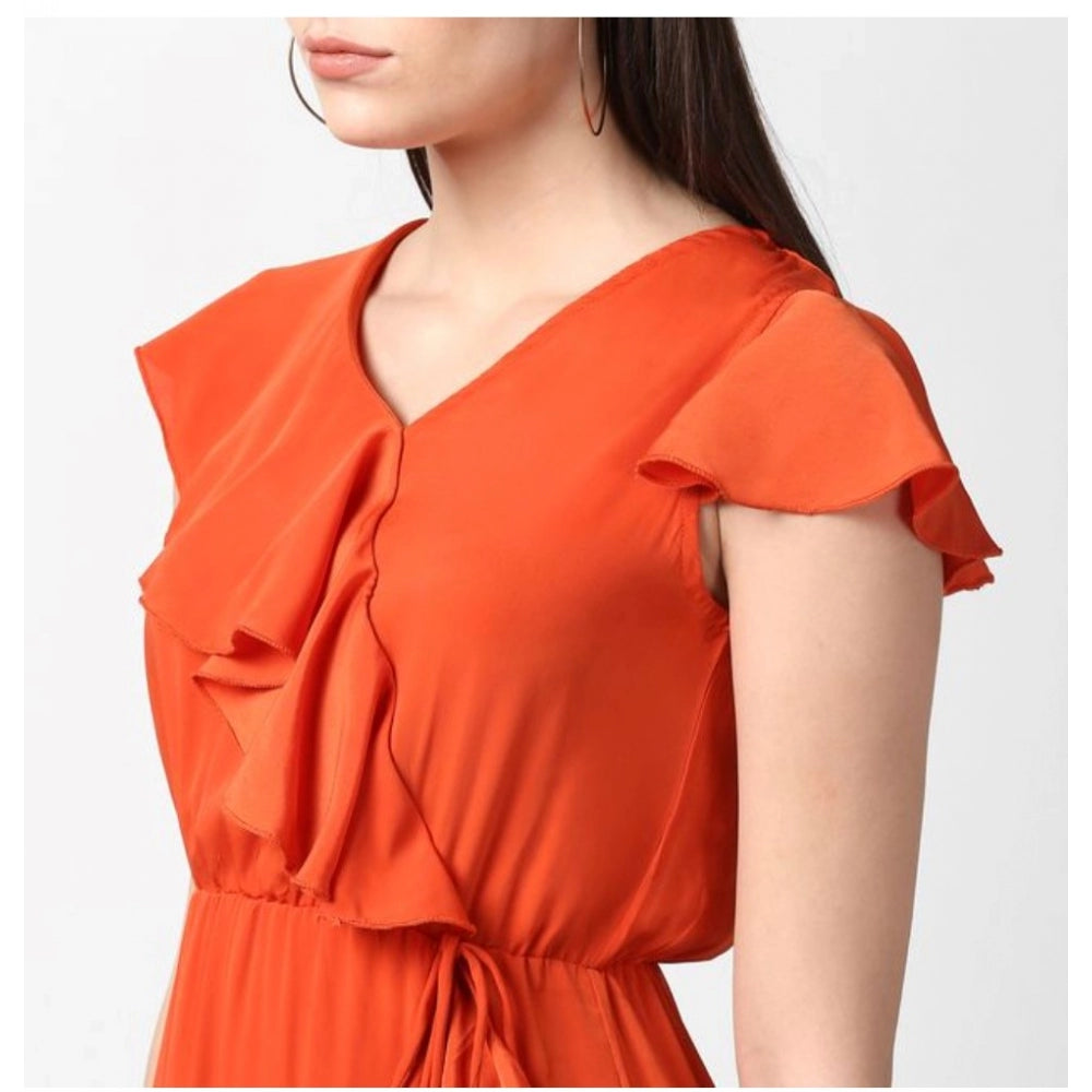 PKRKART Women's Polyester Ruffled Cap Sleeve Knee-Length Dress (Orange)