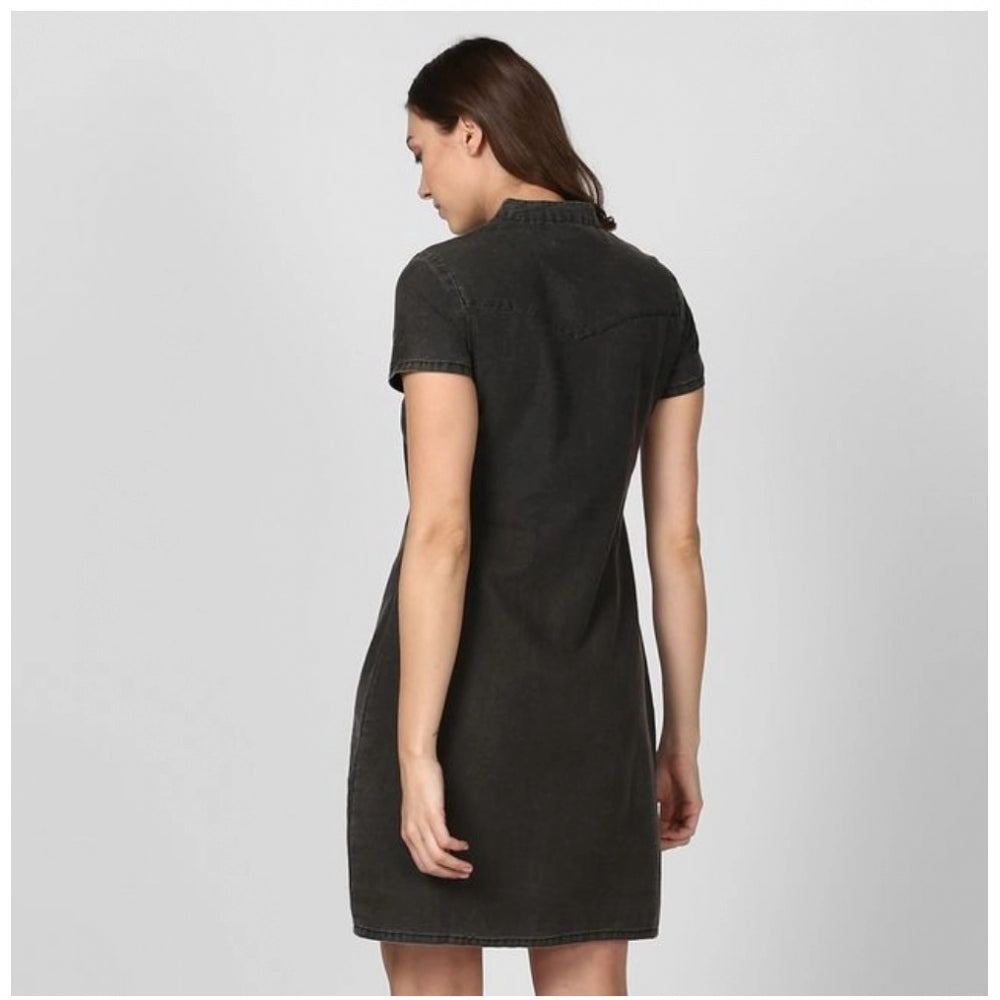 PKRKART Women's Denim Solid Short Sleeve Above Knee Dress (Black)