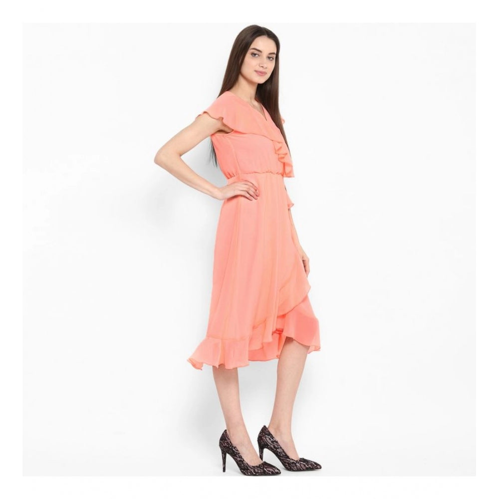 PKRKART Women's Polyester Ruffled Cap Sleeve Below Knee Dress (Neon Pink)