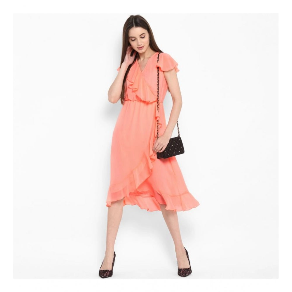 PKRKART Women's Polyester Ruffled Cap Sleeve Below Knee Dress (Neon Pink)