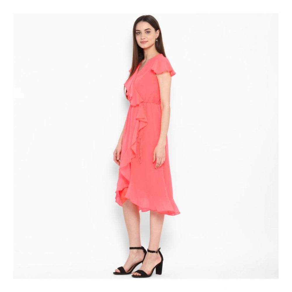 PKRKART Women's Polyester Ruffled Cap Sleeve Below Knee Dress (Coral Pink)