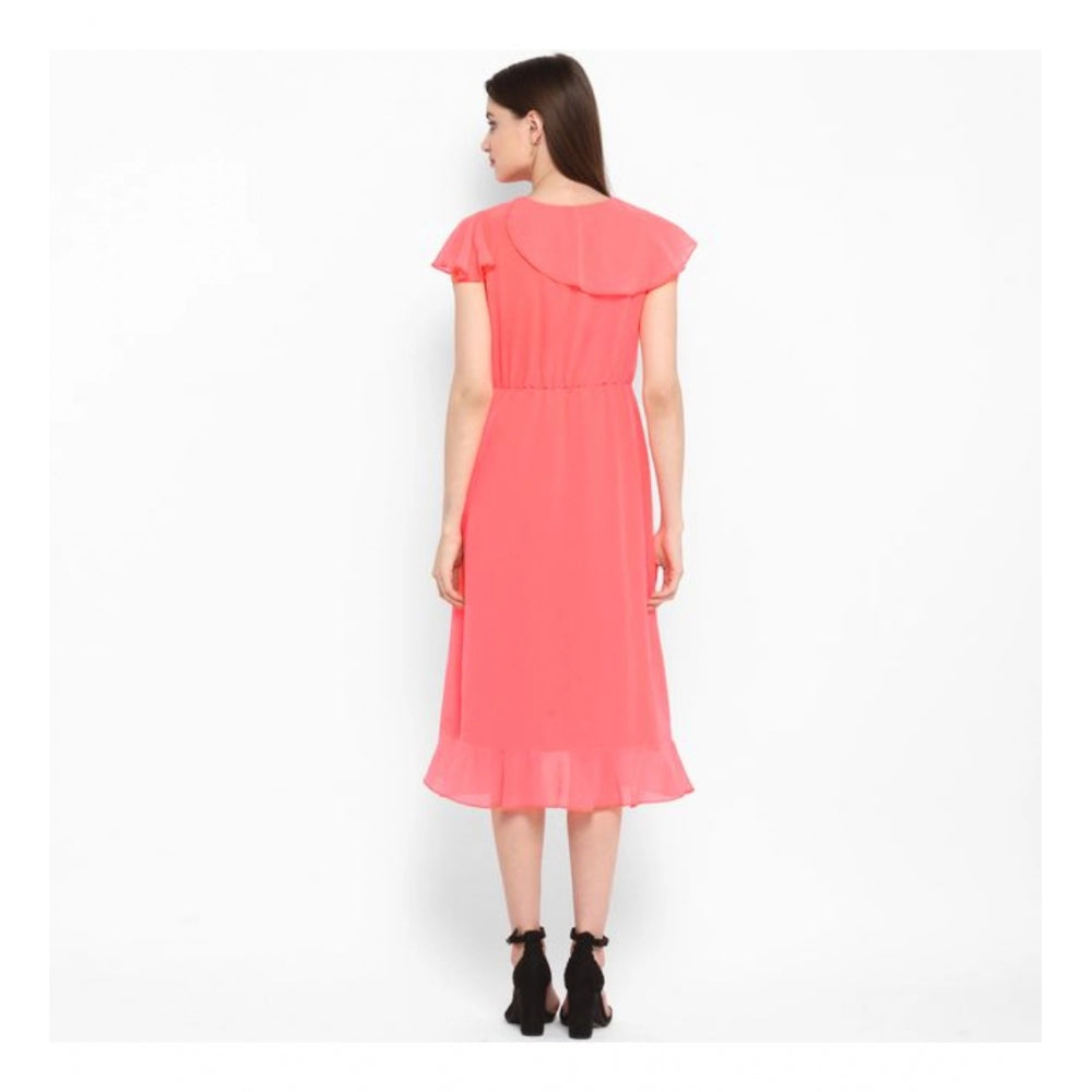 PKRKART Women's Polyester Ruffled Cap Sleeve Below Knee Dress (Coral Pink)