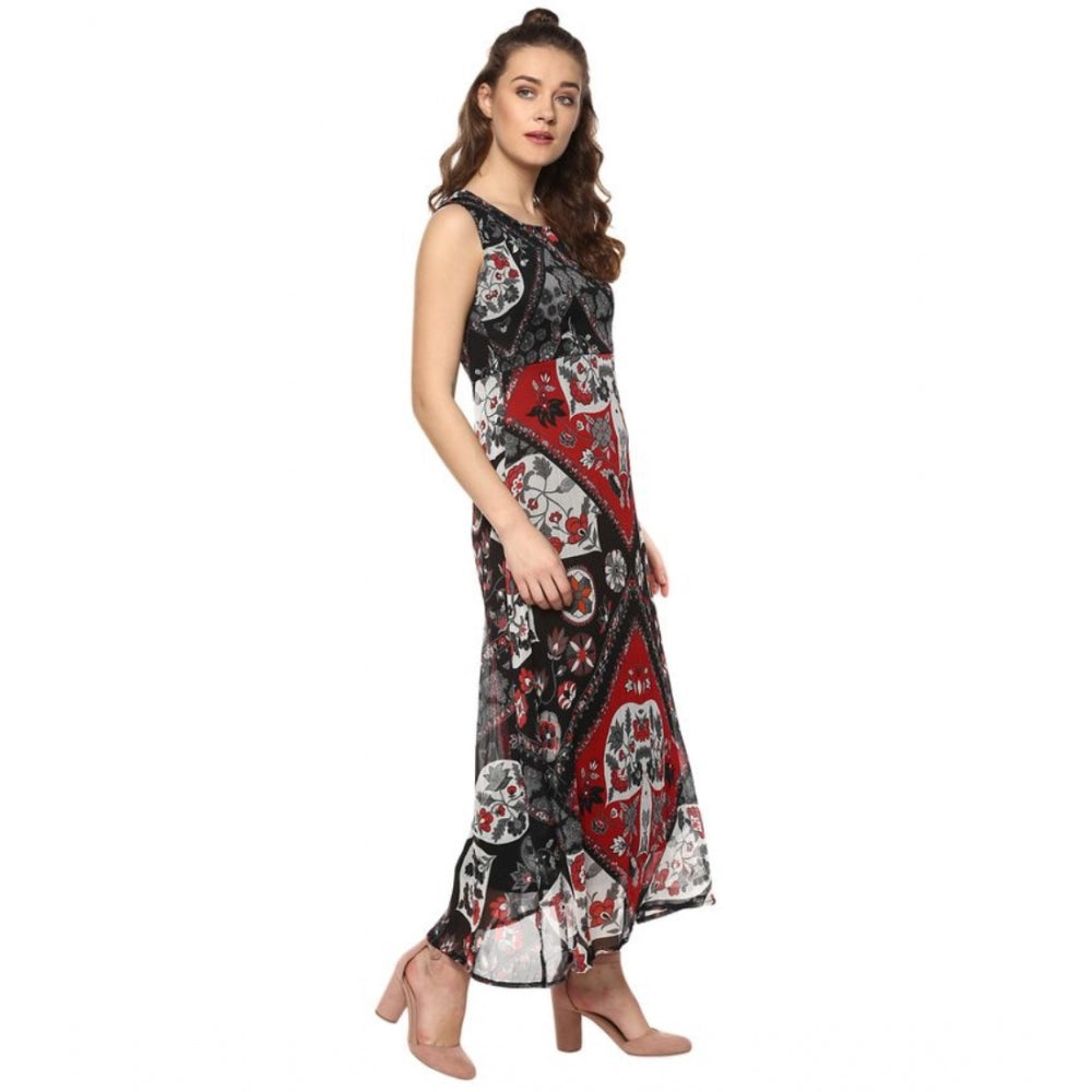 PKRKART Women's Polyester Printed Sleeveless Dress (Red - Black)