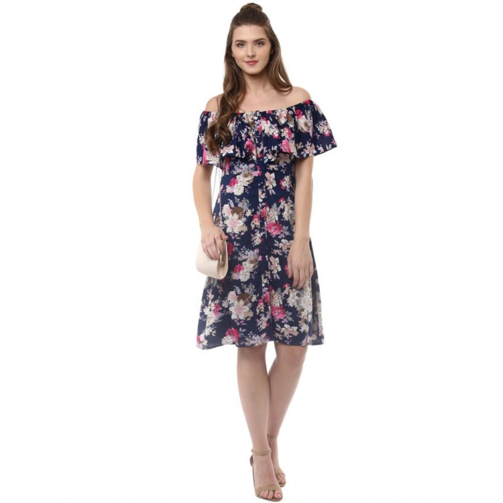 PKRKART Women's Polyester Crepe Floral Half Sleeve Above Knee Dress (Navy Blue)