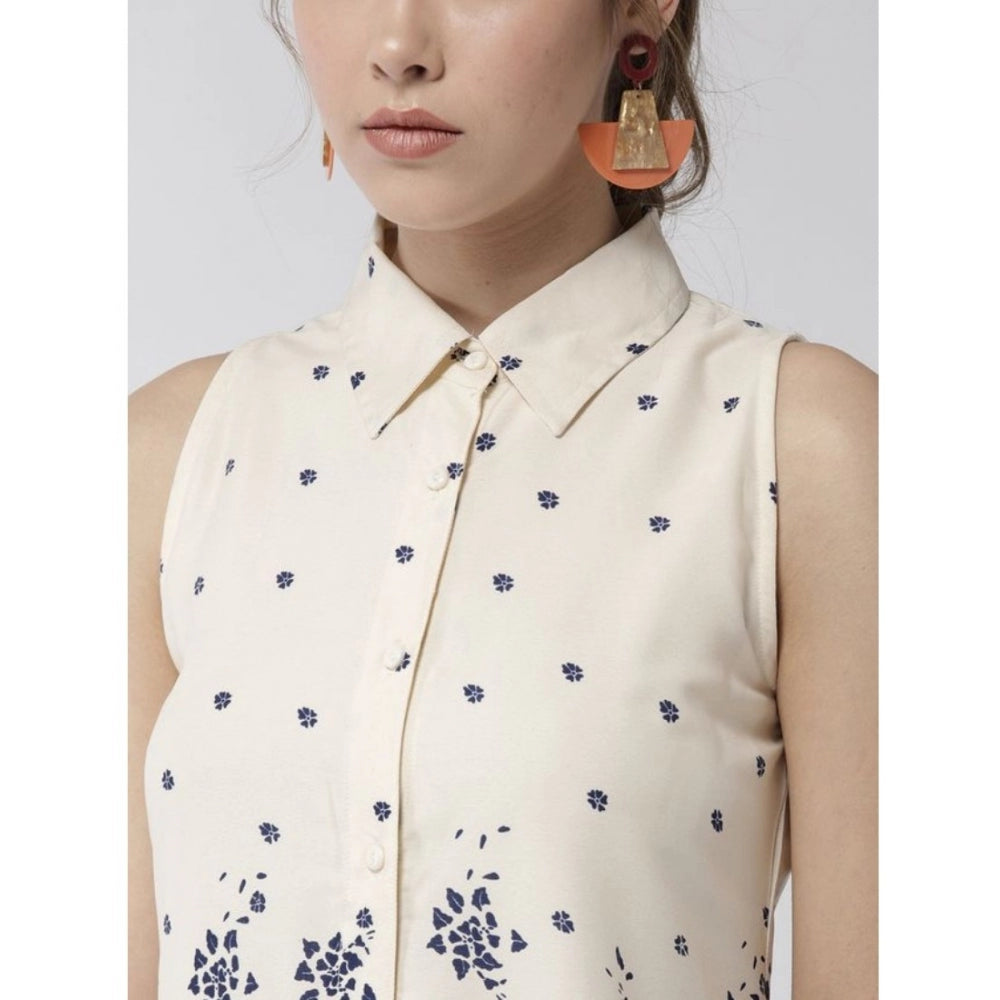 PKRKART Women's Polyester Floral Sleeveless Above Knee Dress (Cream)